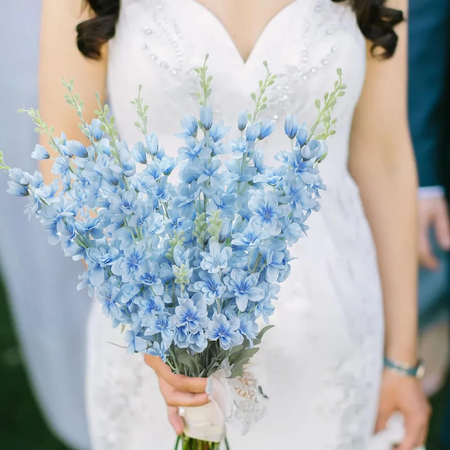 8 artificial Delphinium flowers, 34.6 inches long, in light blue, silk flower stems 34.6 inches long - Image 2