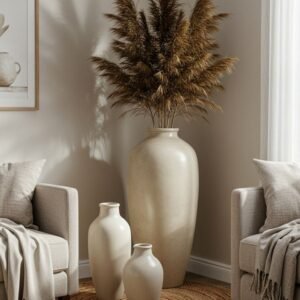 Tall Ceramic Vase in Earthstone, Large Rustic Farmhouse Decorative Flower Vase