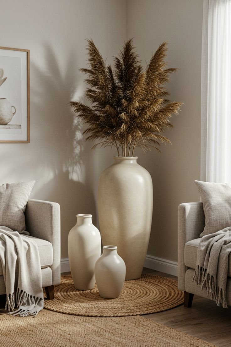 Tall Ceramic Vase in Earthstone, Large Rustic Farmhouse Decorative Flower Vase