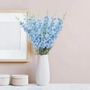 8 artificial Delphinium flowers, 34.6 inches long, in light blue, silk flower stems 34.6 inches long