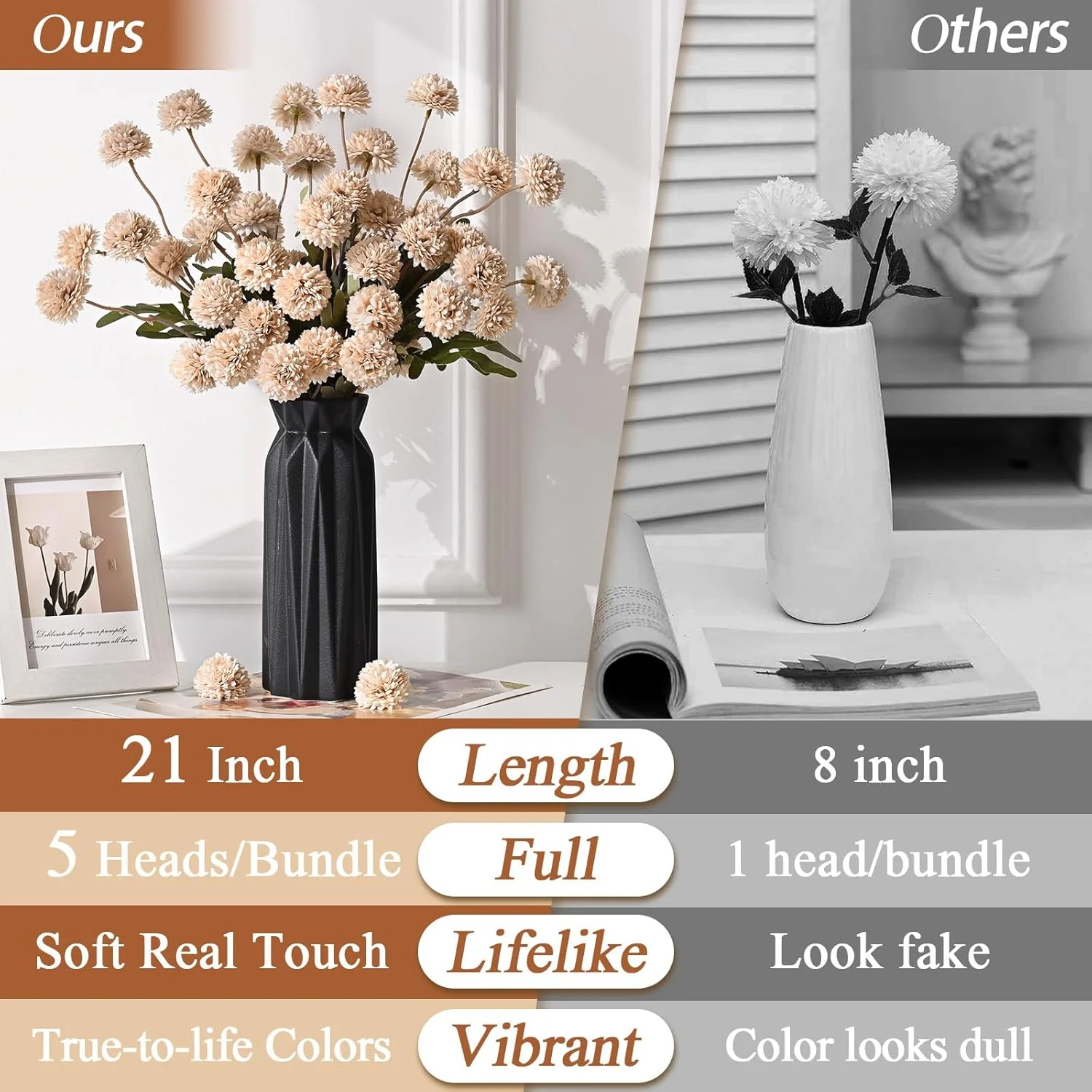 6 Pcs Fake Flowers Pompon Mum,Artificial Mini Chrysanthemums with Stems - Image 2