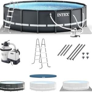 Intex Ultra XTR Frame 14' x 42" Round Above Ground Outdoor Swimming Pool Set with Sand Filter Pump, Ladder, Ground Cloth, and Pool Cover